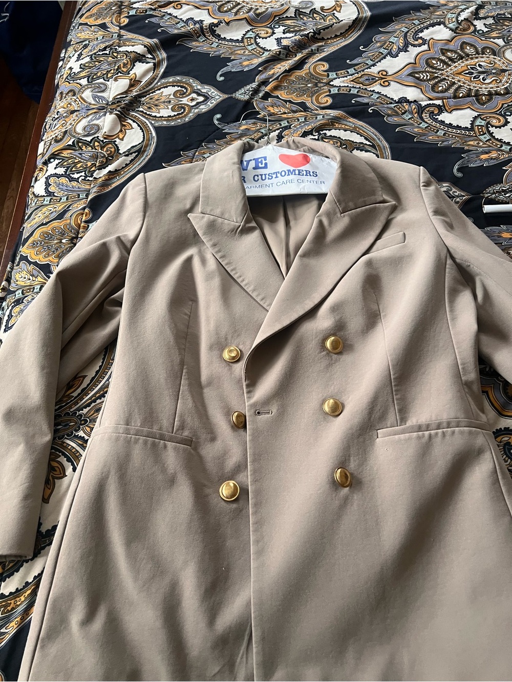 Express Taupe Double-Breasted Gold Button Pantsuit Blazer 12 Pants Medium Ankle
